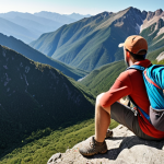 **A hiker resting on a mountain trail, enjoying the view, wearing appropriate hiking gear, and with a fully packed backpack.** (Focus on a scenic vista and the feeling of accomplishment.)