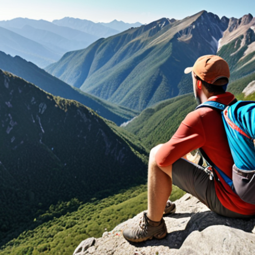 **A hiker resting on a mountain trail, enjoying the view, wearing appropriate hiking gear, and with a fully packed backpack.** (Focus on a scenic vista and the feeling of accomplishment.)