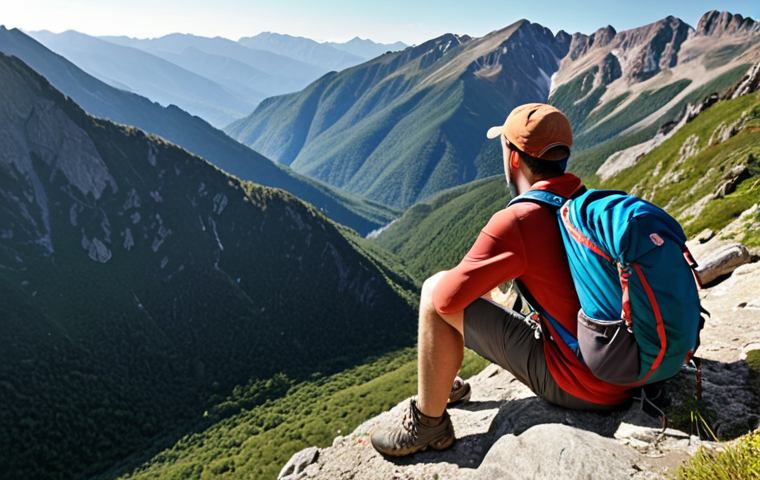 **A hiker resting on a mountain trail, enjoying the view, wearing appropriate hiking gear, and with a fully packed backpack.** (Focus on a scenic vista and the feeling of accomplishment.)