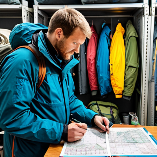A focused male professional hiker, fully clothed in a durable, modest waterproof jacket and hiking pants, stands in a well-organized expedition preparation room. He is meticulously checking items against a detailed gear checklist, with various outdoor equipment like neatly folded tents, ropes, and maps visible on shelves in the background. The scene emphasizes careful planning and systematic organization. The hiker has perfect anatomy, correct proportions, and a natural pose, with well-formed hands properly counting fingers. This image is safe for work, appropriate content, fully clothed, and family-friendly, rendered with professional photography quality.
