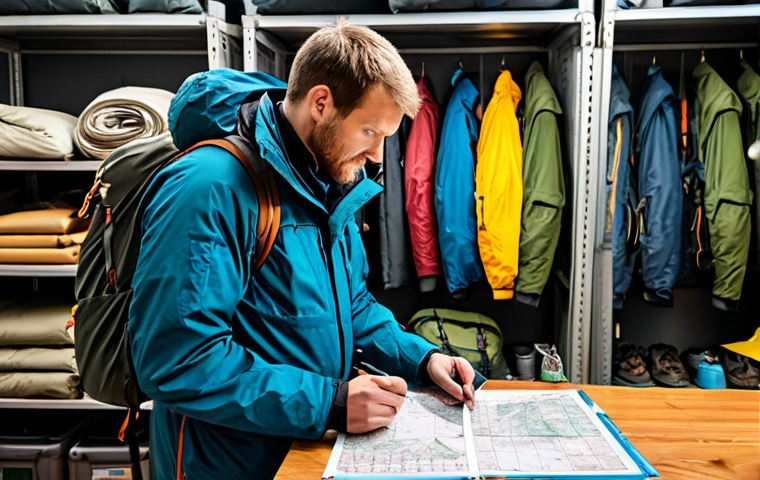 A focused male professional hiker, fully clothed in a durable, modest waterproof jacket and hiking pants, stands in a well-organized expedition preparation room. He is meticulously checking items against a detailed gear checklist, with various outdoor equipment like neatly folded tents, ropes, and maps visible on shelves in the background. The scene emphasizes careful planning and systematic organization. The hiker has perfect anatomy, correct proportions, and a natural pose, with well-formed hands properly counting fingers. This image is safe for work, appropriate content, fully clothed, and family-friendly, rendered with professional photography quality.