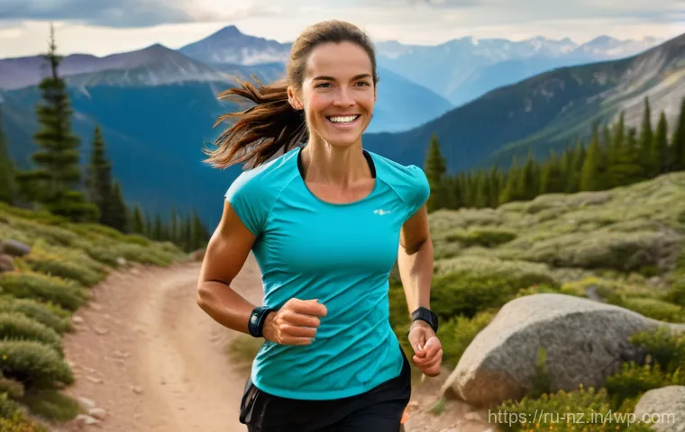 장거리 하이킹을 위한 체력 훈련 프로그램 - **Prompt 1: Dynamic Mountain Trail Runner**
    "A vibrant, eye-level shot of a fit woman, approxima...