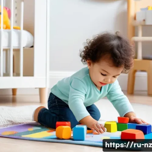하이킹 중 수분 섭취의 중요성과 방법 - **A toddler wearing a diaper, happily playing with colorful building blocks on a soft playmat in a b...