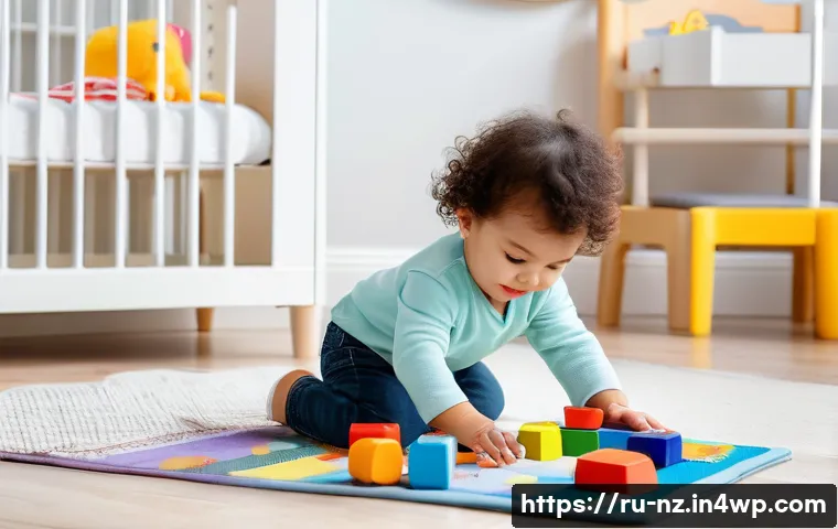 하이킹 중 수분 섭취의 중요성과 방법 - **A toddler wearing a diaper, happily playing with colorful building blocks on a soft playmat in a b...