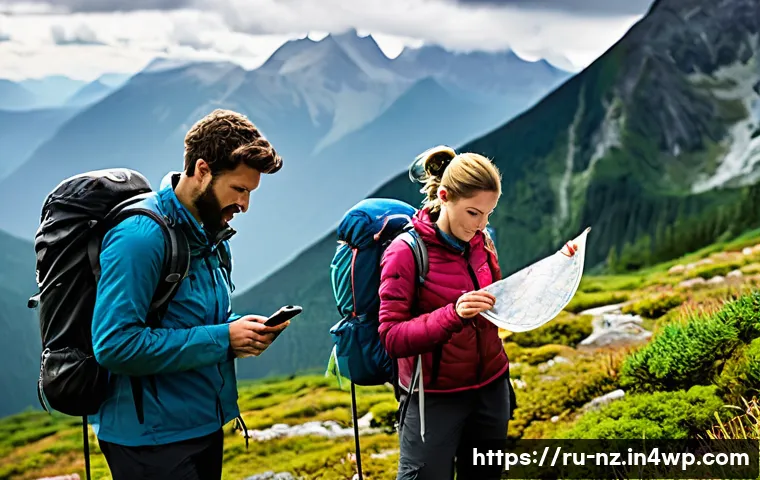 장거리 하이킹 중 필요한 기본 용품 체크리스트 - **Prompt 1: Navigating the Wilderness with Traditional Tools and Modern Aids**
    "A group of three...