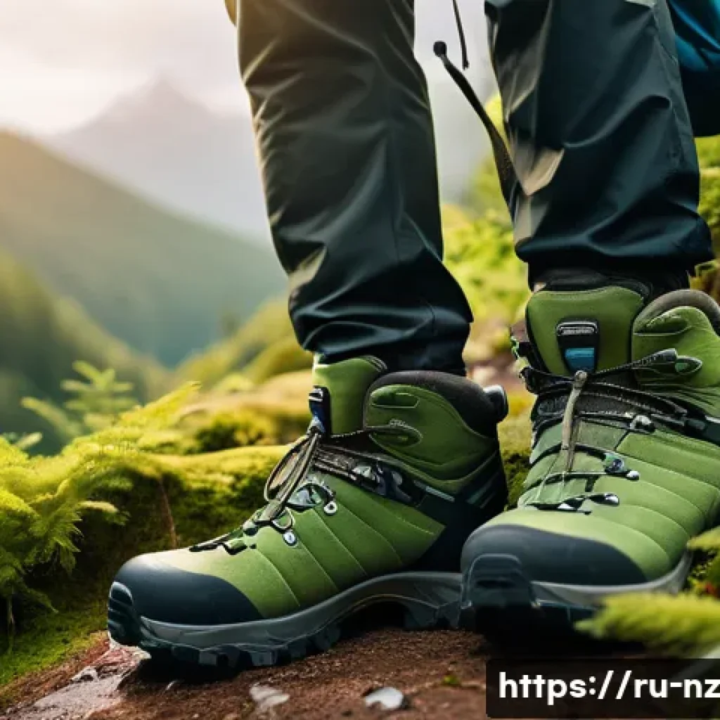 하이킹을 위한 안전 수칙 및 규칙 - A detailed scene of a hiker preparing for a mountain trek in a lush forest setting during early morn...