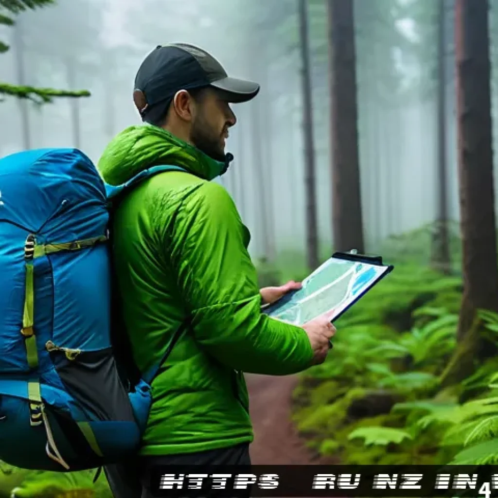 하이킹 중 가장 많이 하는 실수와 피하는 방법 - A well-prepared hiker standing on a forest trail at dawn, wearing layered outdoor clothing including...