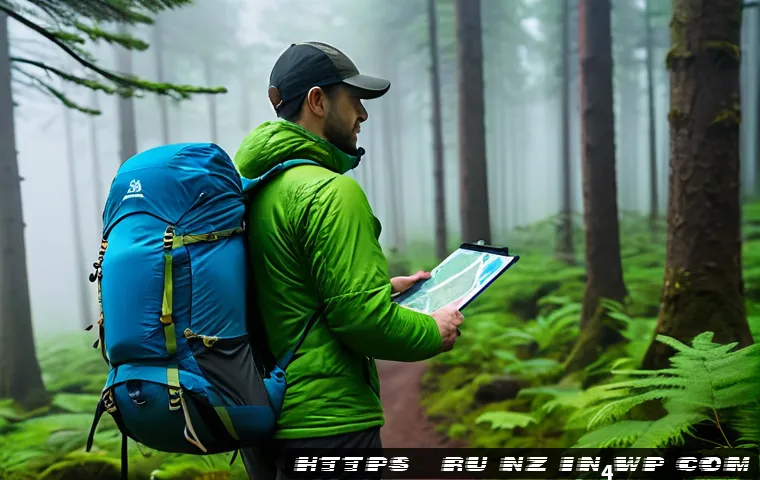 하이킹 중 가장 많이 하는 실수와 피하는 방법 - A well-prepared hiker standing on a forest trail at dawn, wearing layered outdoor clothing including...