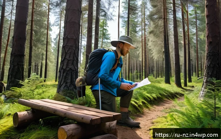 하이킹 코스 선택 시 고려해야 할 요소 - A detailed scene of a hiker preparing for a summer forest trek in Russia, wearing layered breathable...