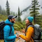 Home 20 장거리 하이킹 중 필요한 의사소통 기술 - A diverse group of hikers in a mountainous forest trail, all wearing appropriate hiking gear and lig...