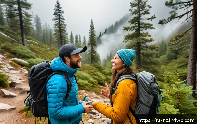 장거리 하이킹 중 필요한 의사소통 기술 - A diverse group of hikers in a mountainous forest trail, all wearing appropriate hiking gear and lig...