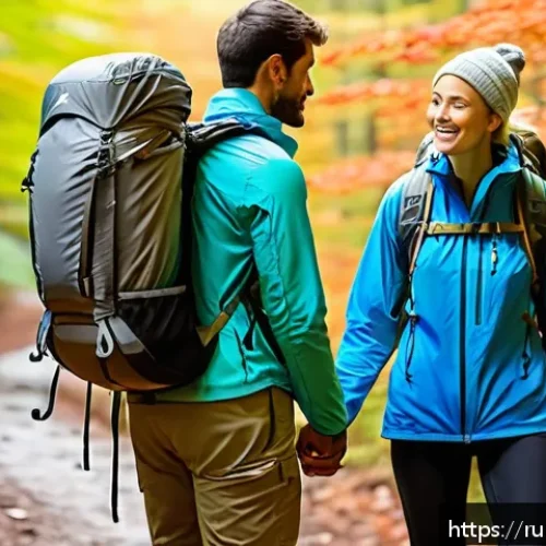 Home 31 하이킹 경험담 초보자들이 겪은 문제와 해결책 - A detailed scene of a male and female hiker couple equipped for a one-day trek in a lush forest duri...