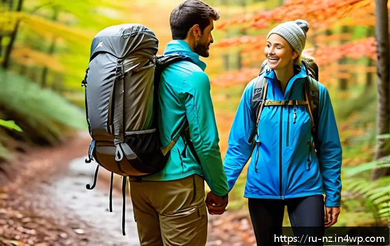 하이킹 경험담  초보자들이 겪은 문제와 해결책 - A detailed scene of a male and female hiker couple equipped for a one-day trek in a lush forest duri...