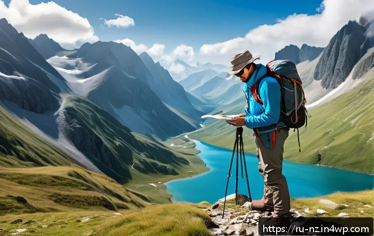 장거리 하이킹 전 반드시 알아야 할 주의사항 - A detailed mountain hiking scene showing a well-prepared hiker wearing layered quick-drying clothing...