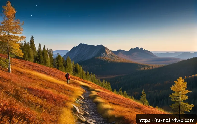 장거리 하이킹을 위한 지역별 추천 코스 - A serene autumn hiking trail in the Ural Mountains featuring rocky paths winding through golden-leav...