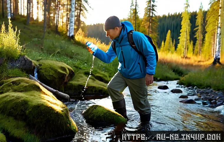 Home 13 장거리 하이킹을 위한 식수 확보 방법 - Photorealistic long-distance hiking water collection scene in a Russian taiga forest, adult hiker in...